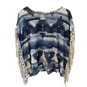 Cato Woman Boho Sheer Western Pattern Sleeveless Top with Fringe Detail